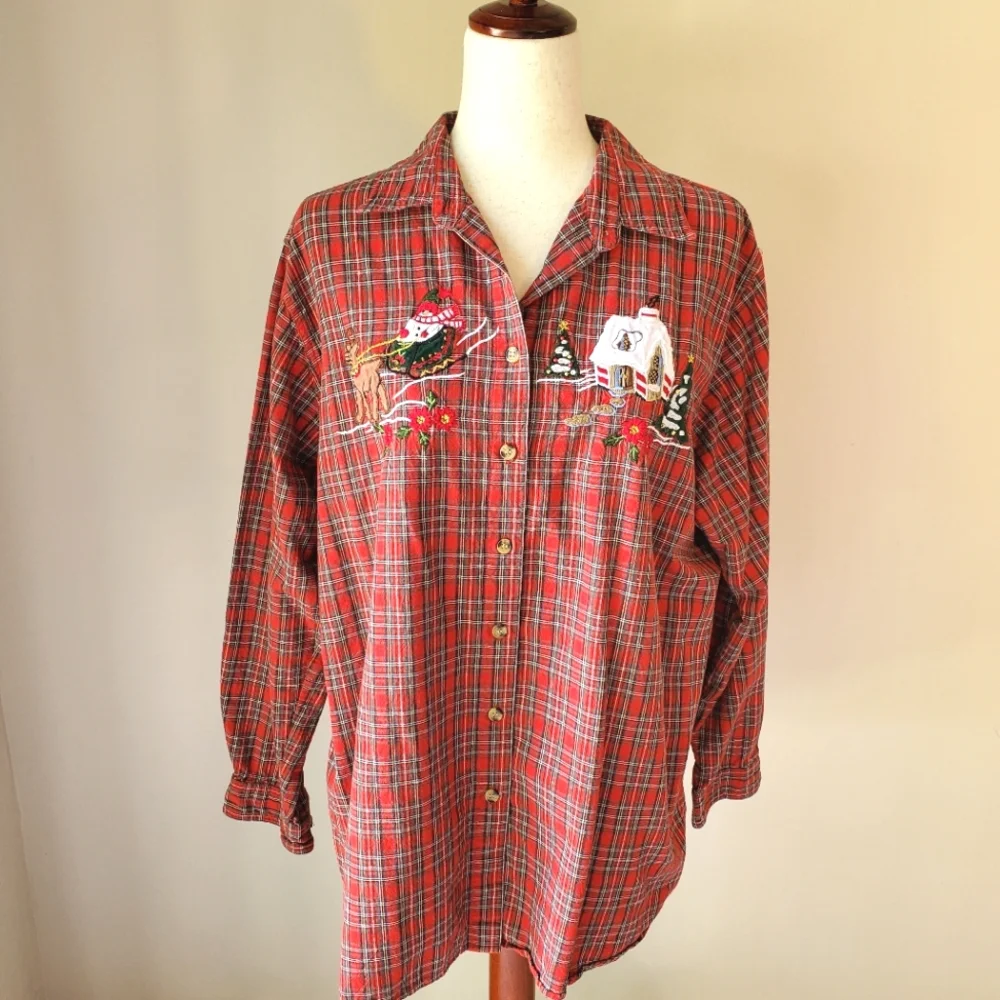 Vintage Christmas Plaid Casey & Max XL Holiday Red Festive Button Down Top - Picture 2 of 11